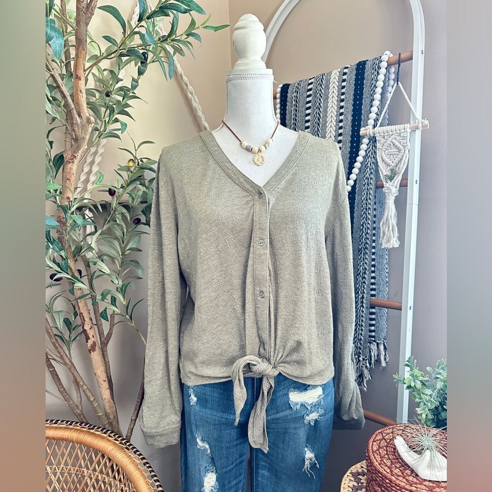 Marled Olive Tie Front Button Cardigan Top Boho Lightweight Size M
